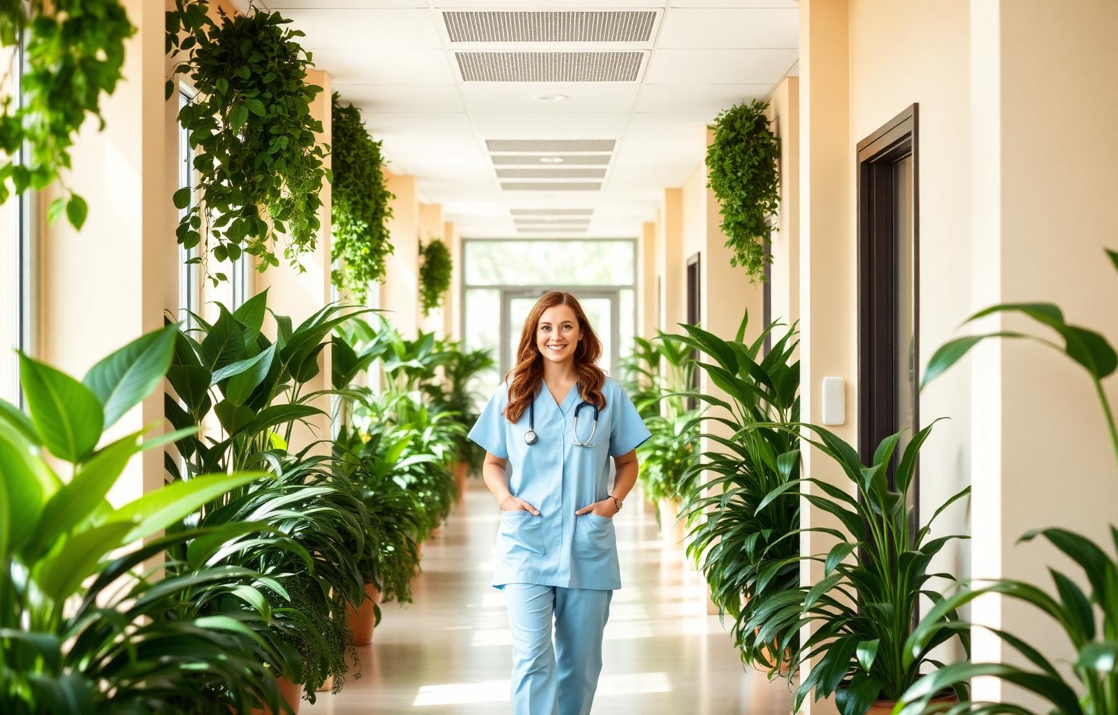 Bright clinical hallway with plants and a doctor in scrubs